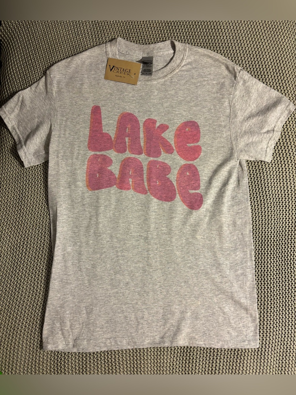 Gildan Heather Gray Tee with Pink "LAKE BABE" Graphic